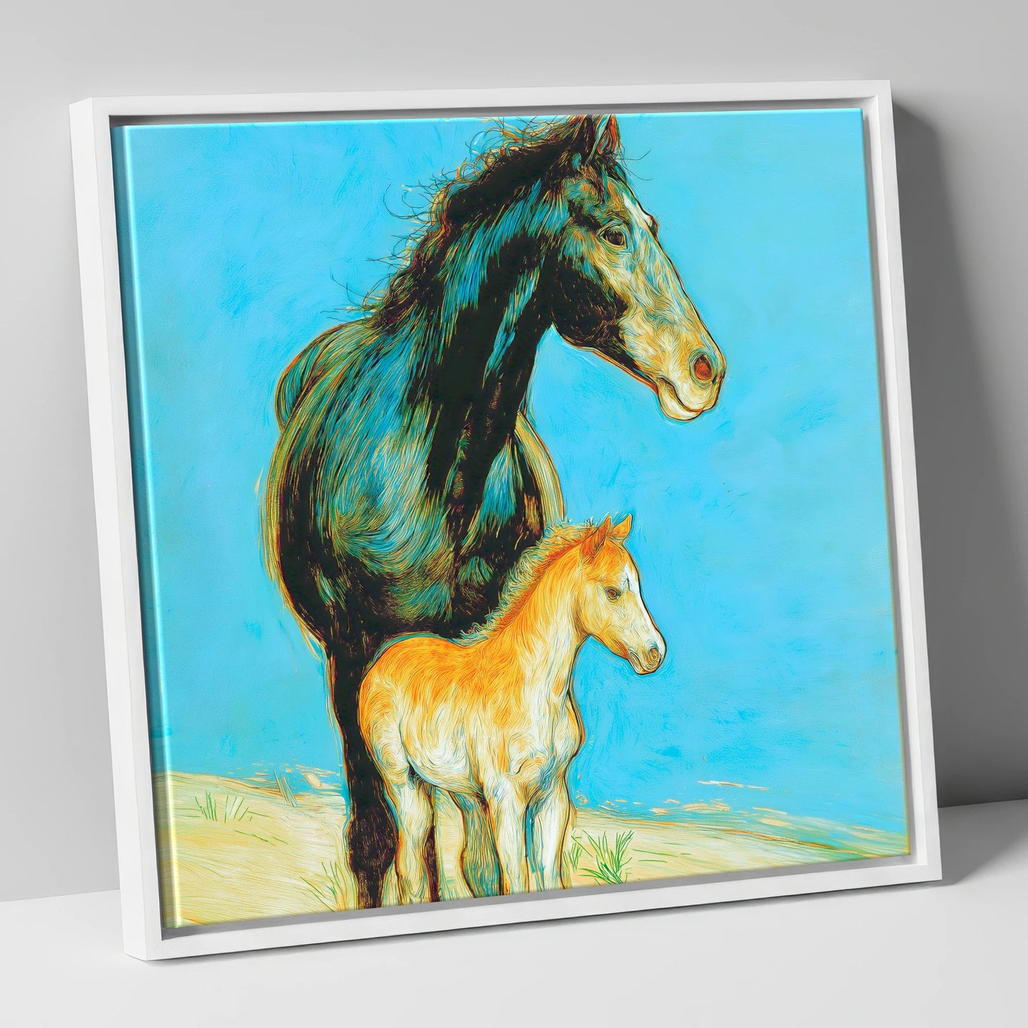 Cerulean Bond mare & foal canvas wall art in white frame