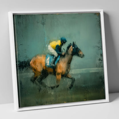 Out of the Shadows racing horse canvas wall art in white frame