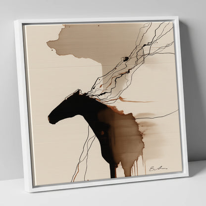 Fluid Sepia Silhouette horse portrait canvas wall art in white frame
