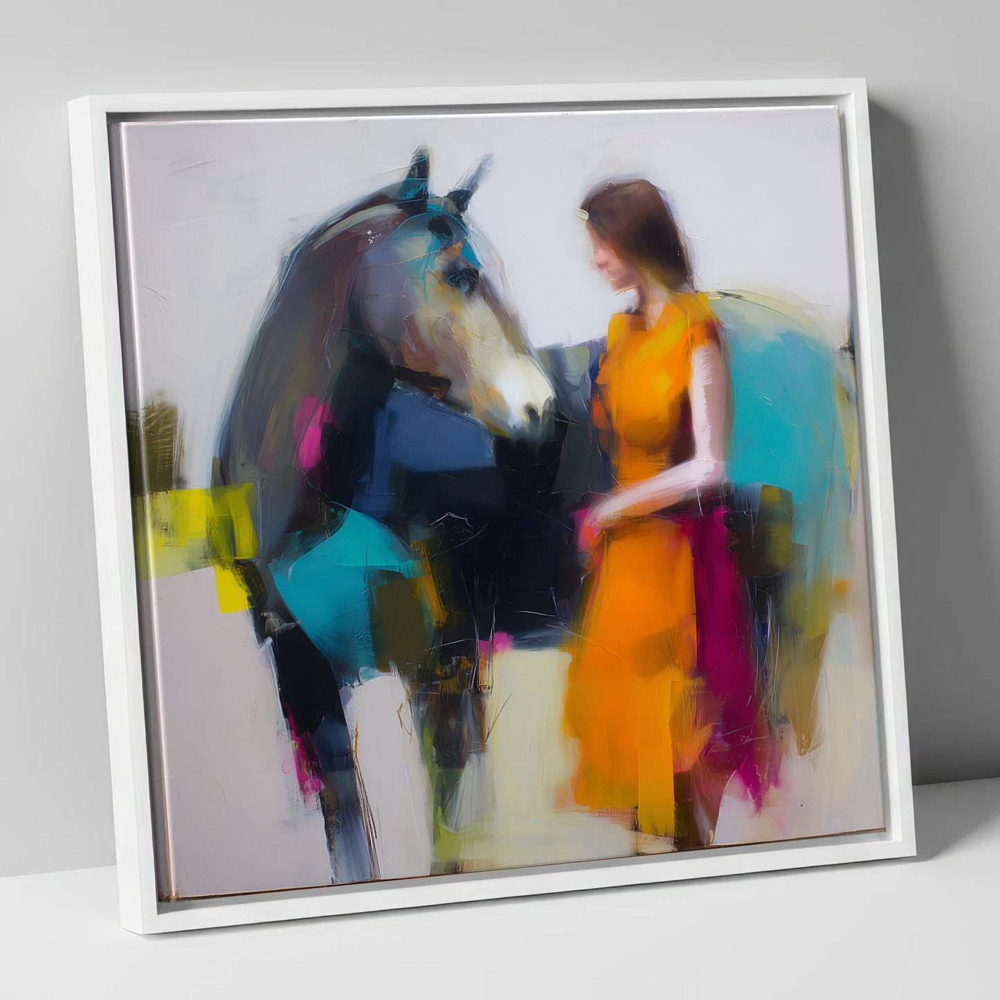 Vivid Companionship horse & rider canvas wall art in white frame