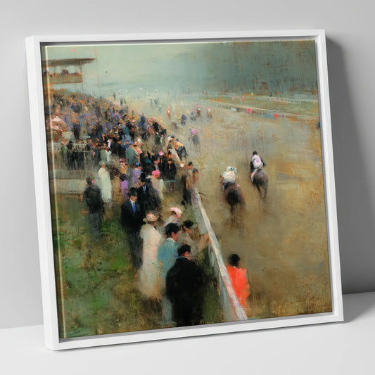 Racehorses Galloping in the Mist racing horse canvas wall art in white frame