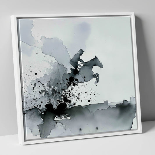 Monochrome Momentum show jumping horse canvas wall art in white frame