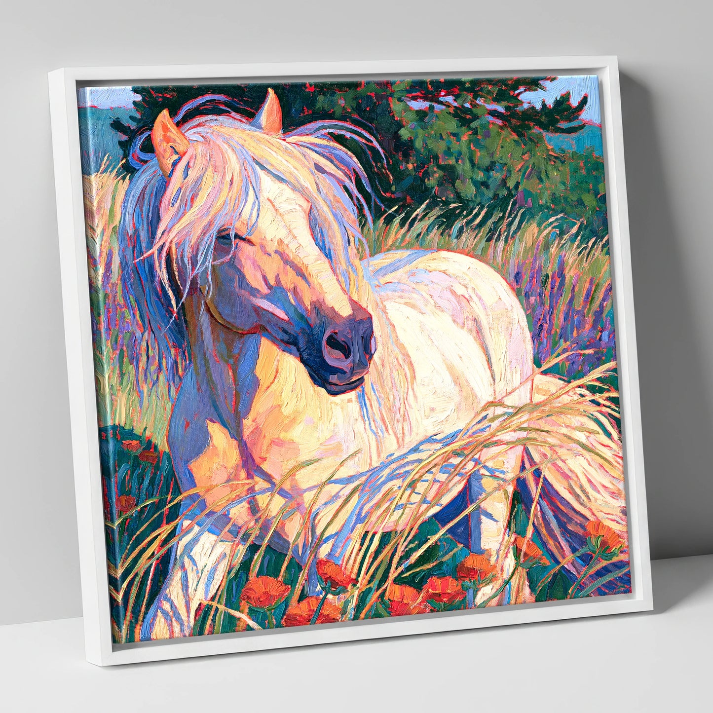 Colourful Horse In Poppy Meadow horse breed canvas wall art in white frame
