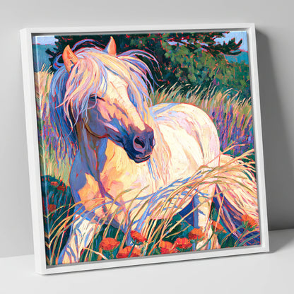 Colourful Horse In Poppy Meadow horse breed canvas wall art in white frame