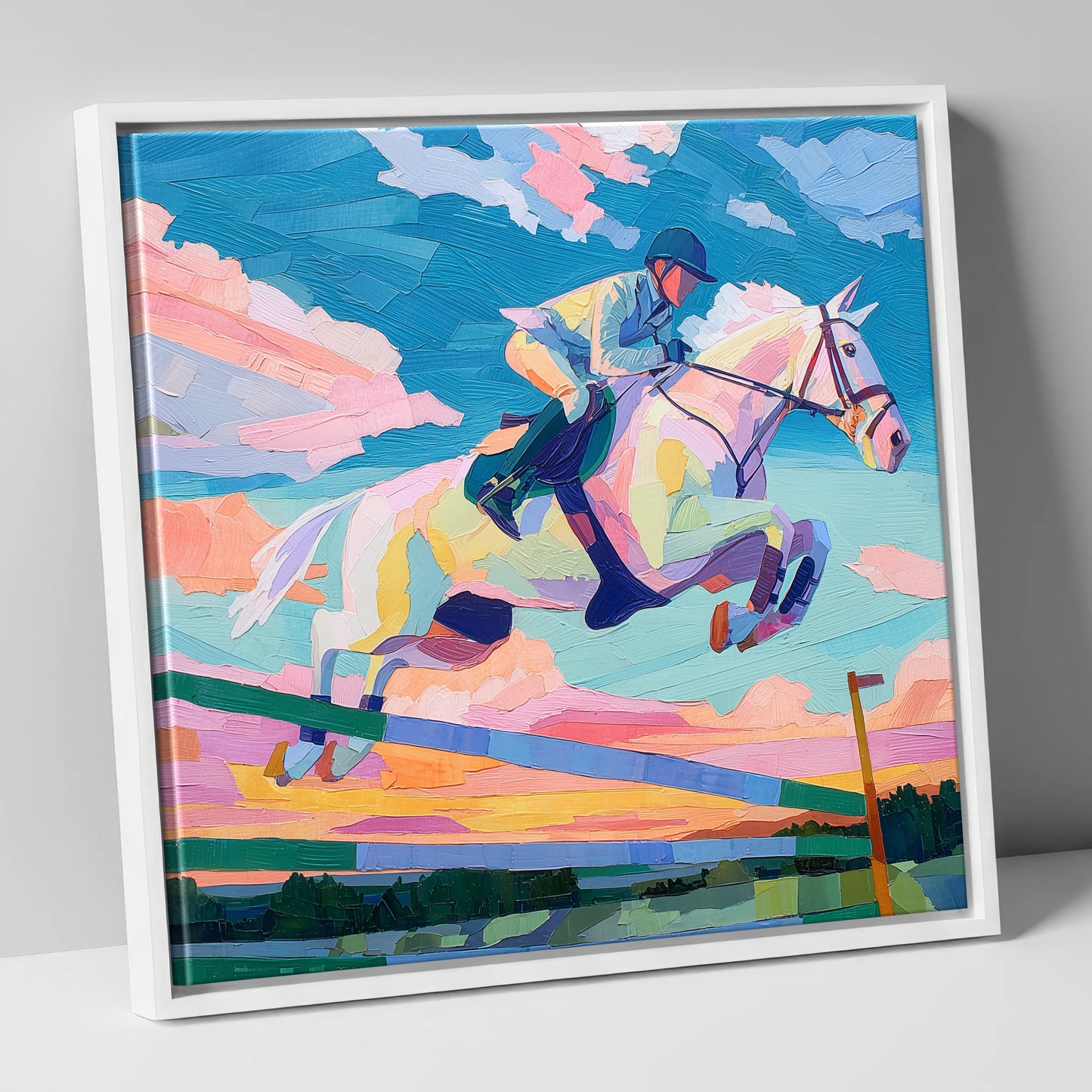 Technicolour Flight show jumping horse canvas wall art in white frame