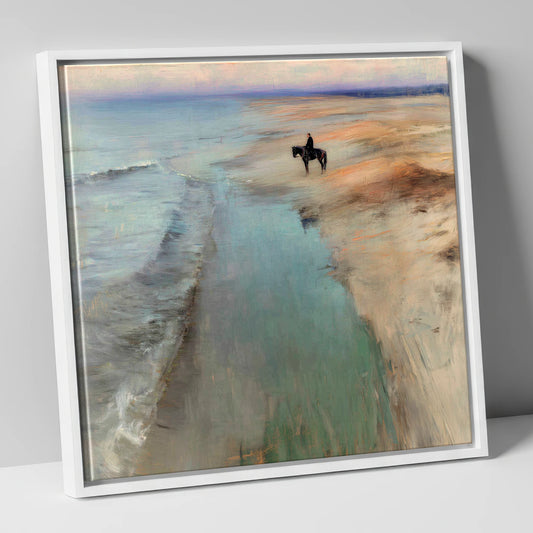 Solitude on the Sands horse landscape canvas wall art in white frame
