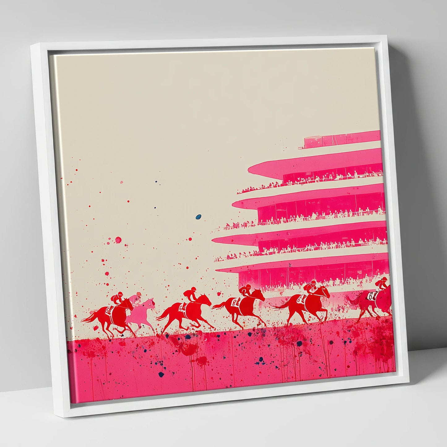Magenta Grandstand Sprint racing horse canvas wall art in white frame