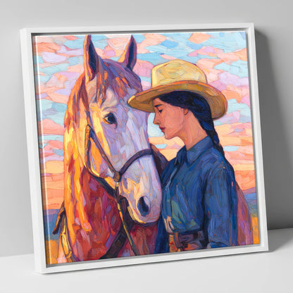 The Sundown Bond horse & rider canvas wall art in white frame