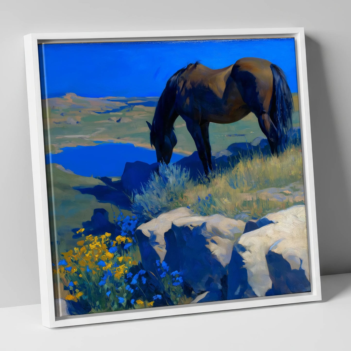 Cobalt Horizon Grazing horse landscape canvas wall art in white frame