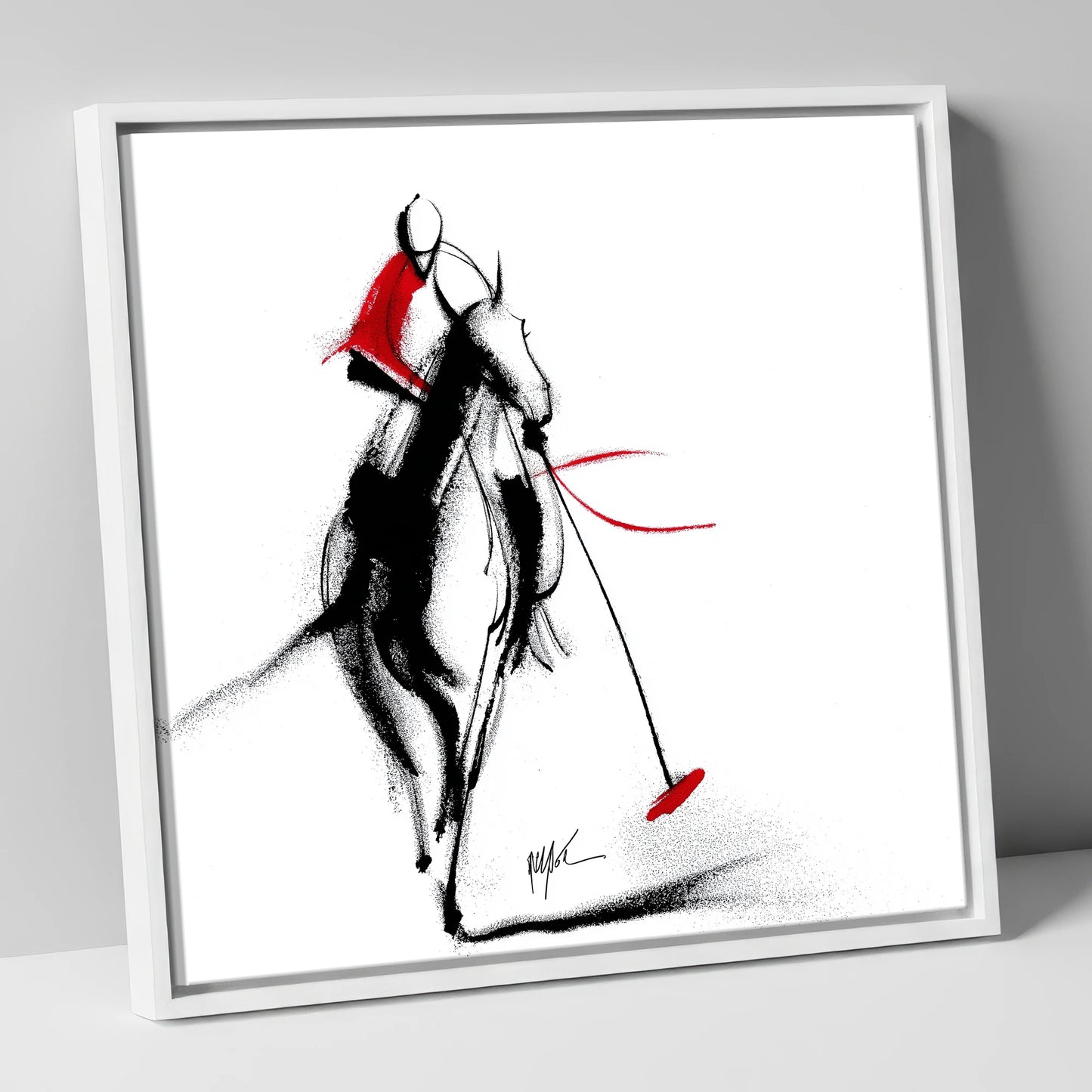 The Crimson Chukka polo horse canvas wall art in white frame