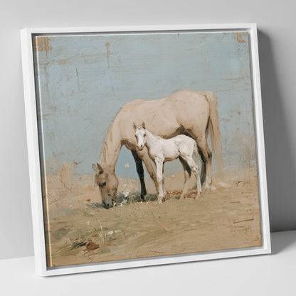 The Quiet Pasture mare & foal canvas wall art in white frame