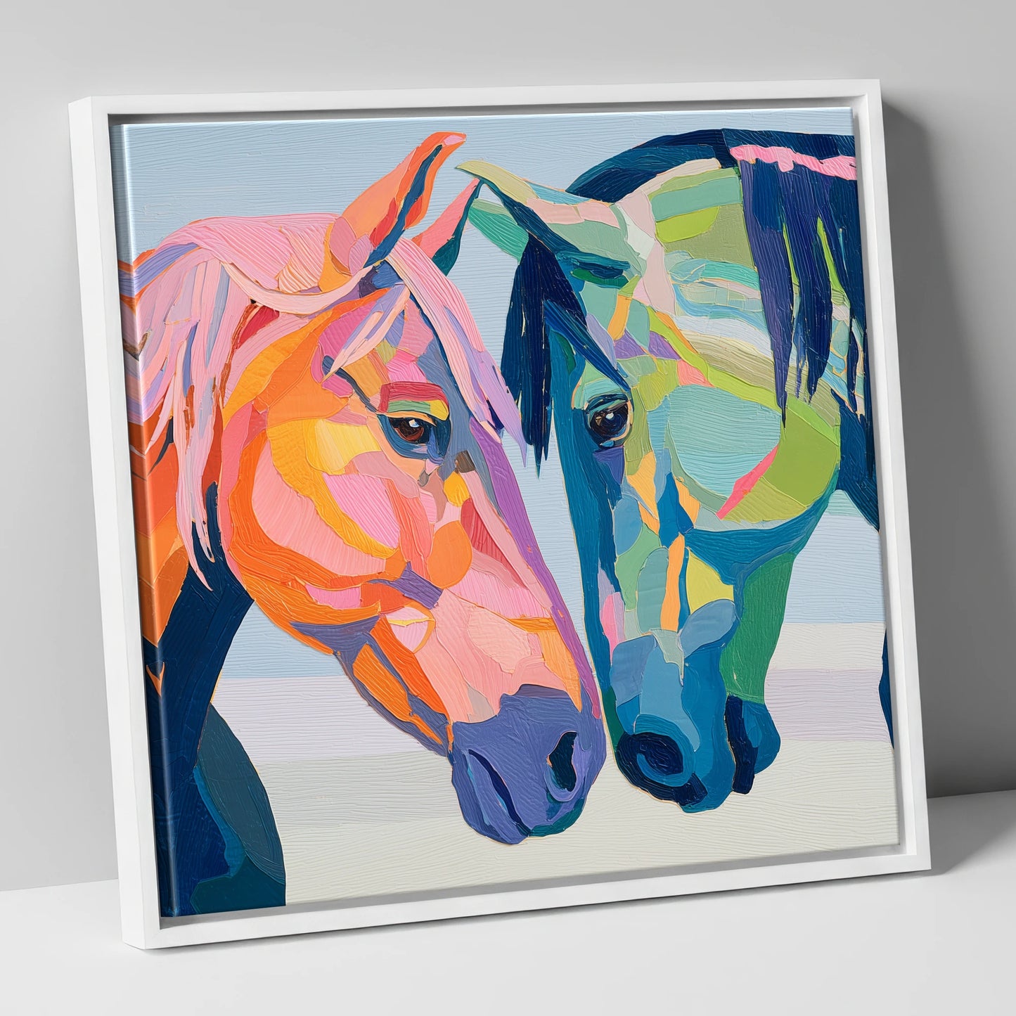 Vibrant Equine Connection horse portrait canvas wall art in white frame