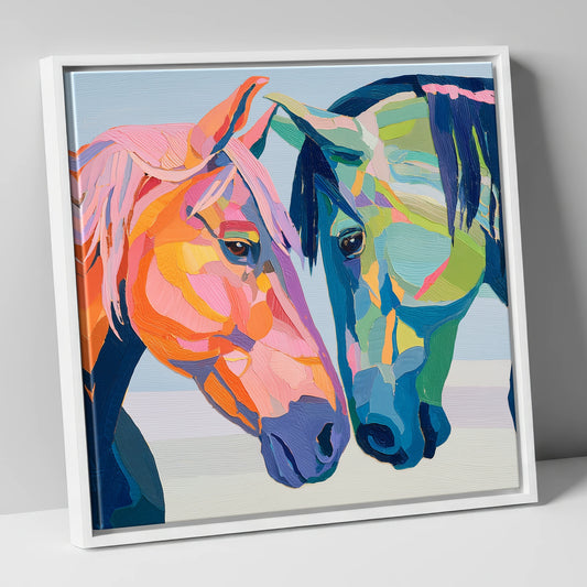 Vibrant Equine Connection horse portrait canvas wall art in white frame