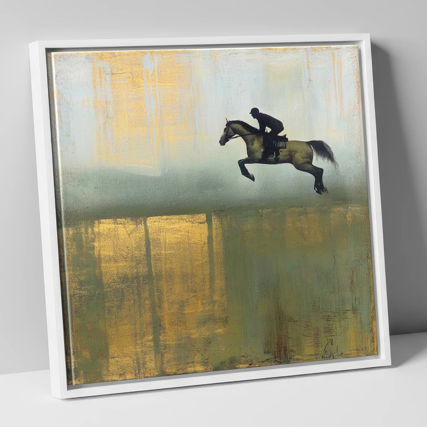 Gilded Suspension show jumping horse canvas wall art in white frame