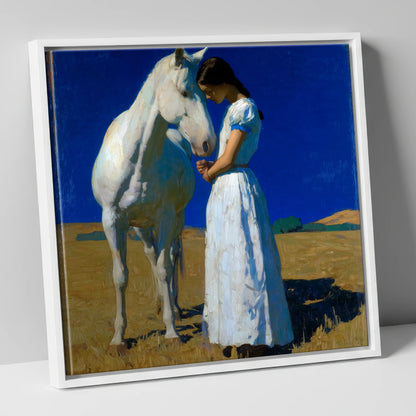 Sunlit Serenity horse & rider canvas wall art in white frame