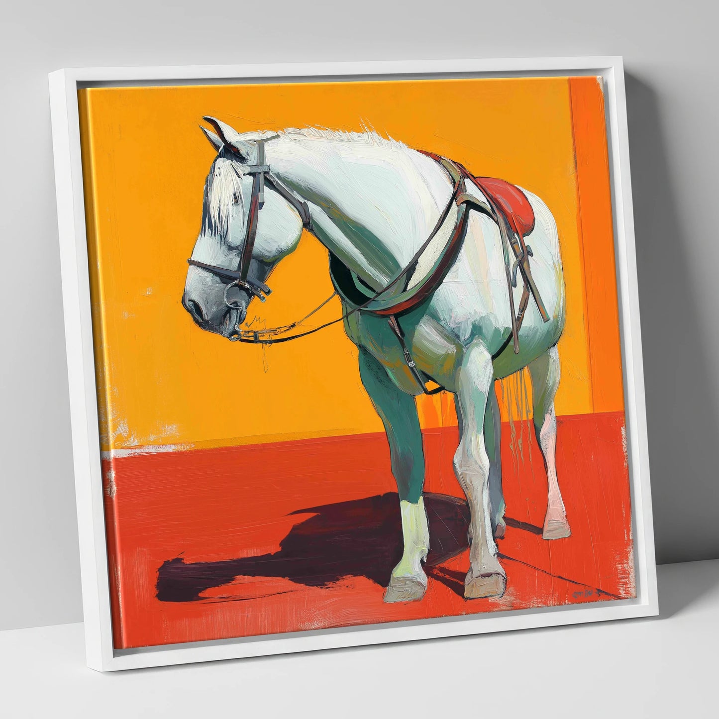 Vibrant Harnessed Grey working horse canvas wall art in white frame