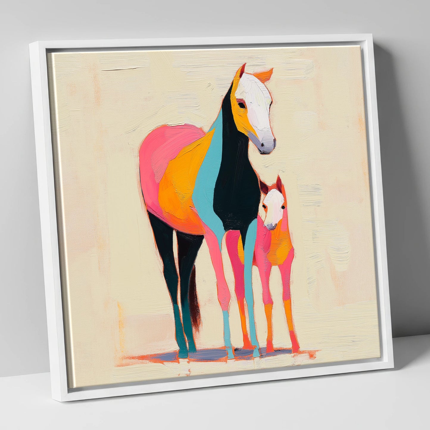 Vibrant Painted Bond mare & foal canvas wall art in white frame
