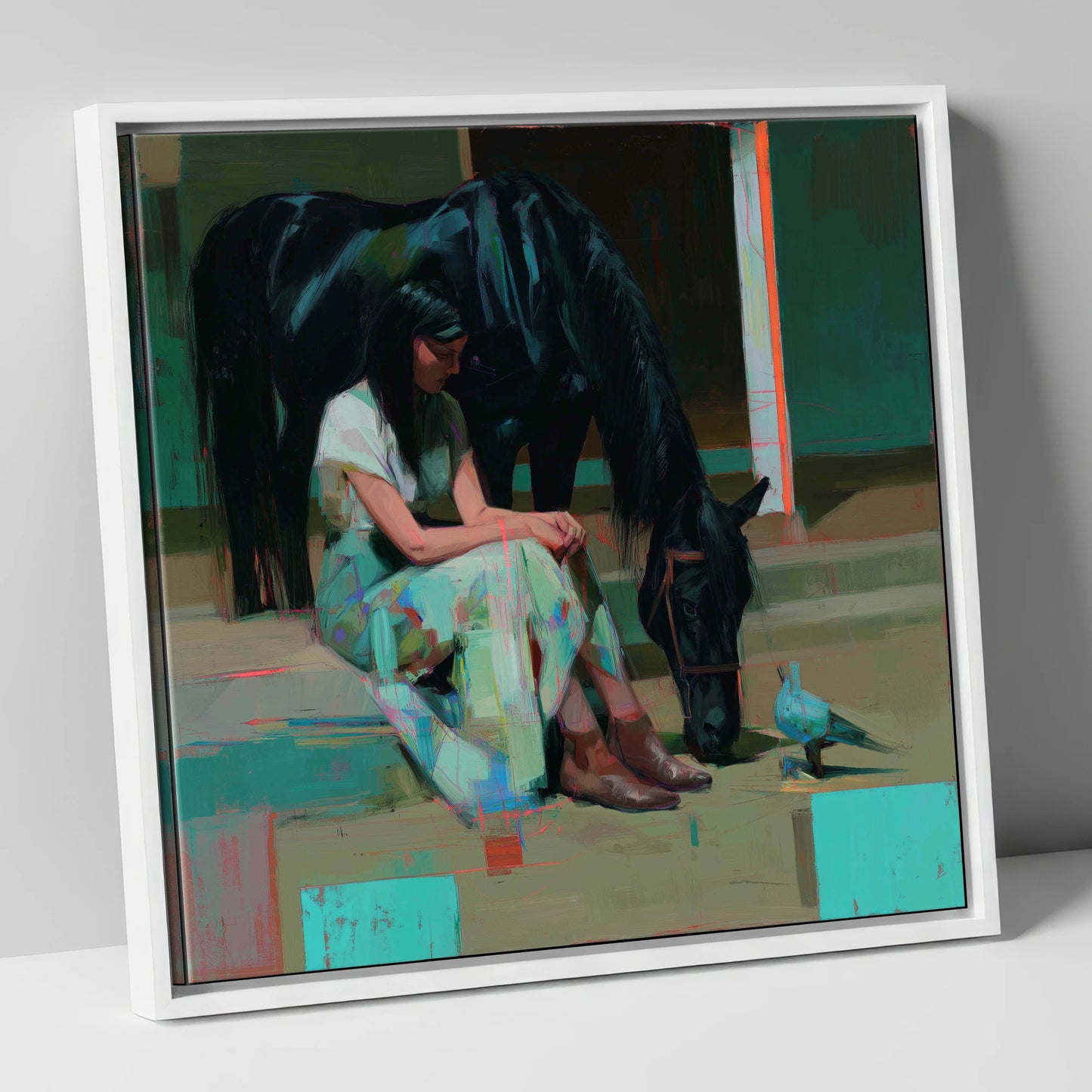 Stillness in the Yard horse & rider canvas wall art in white frame