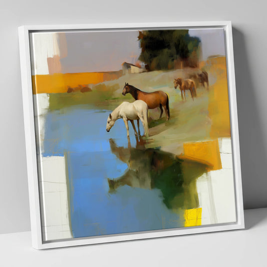 Cerulean Reflections wild horses canvas wall art in white frame