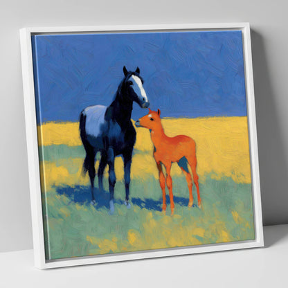 Azure Summer Bond mare & foal canvas wall art in white frame