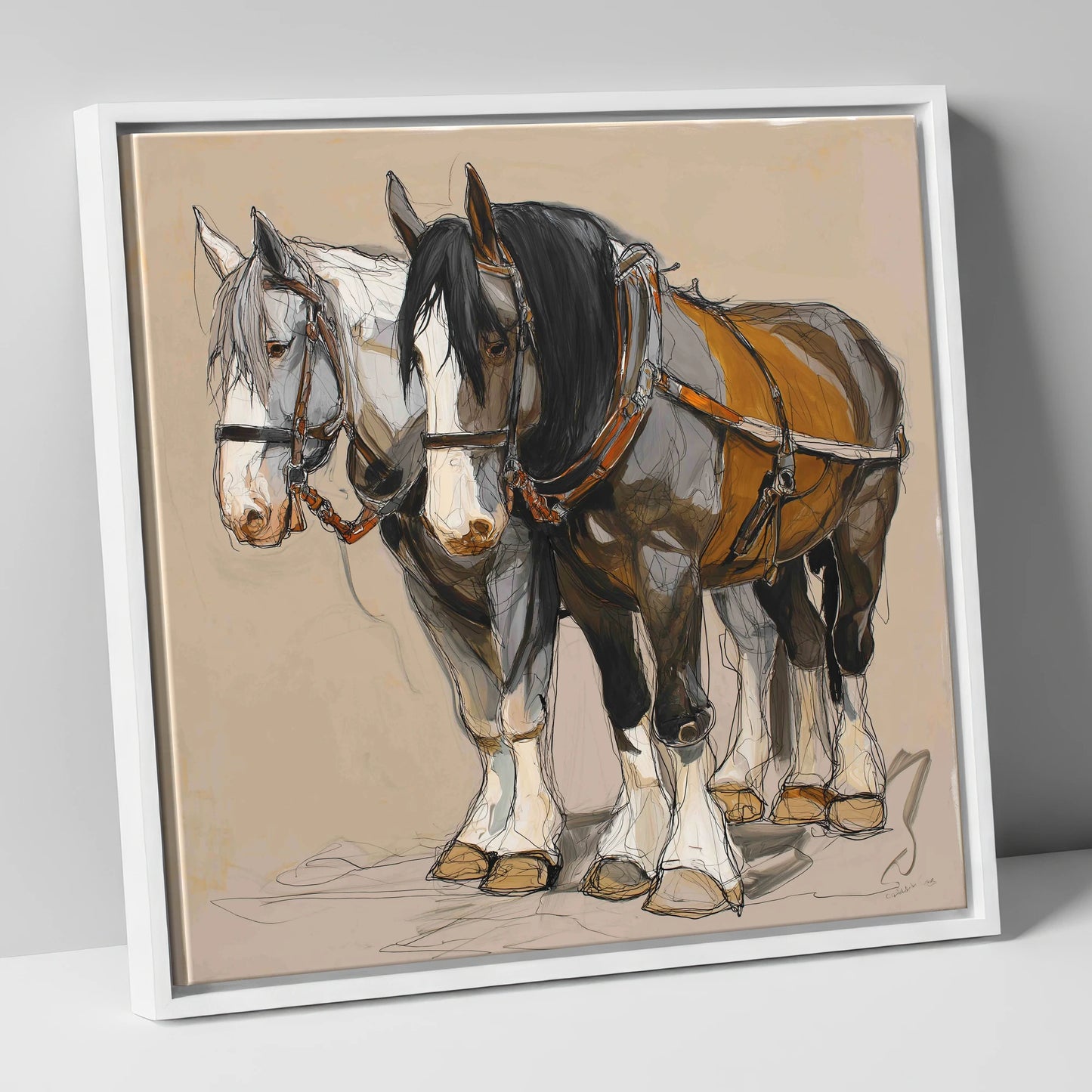 Gentle Giants in Harness horse breed canvas wall art in white frame