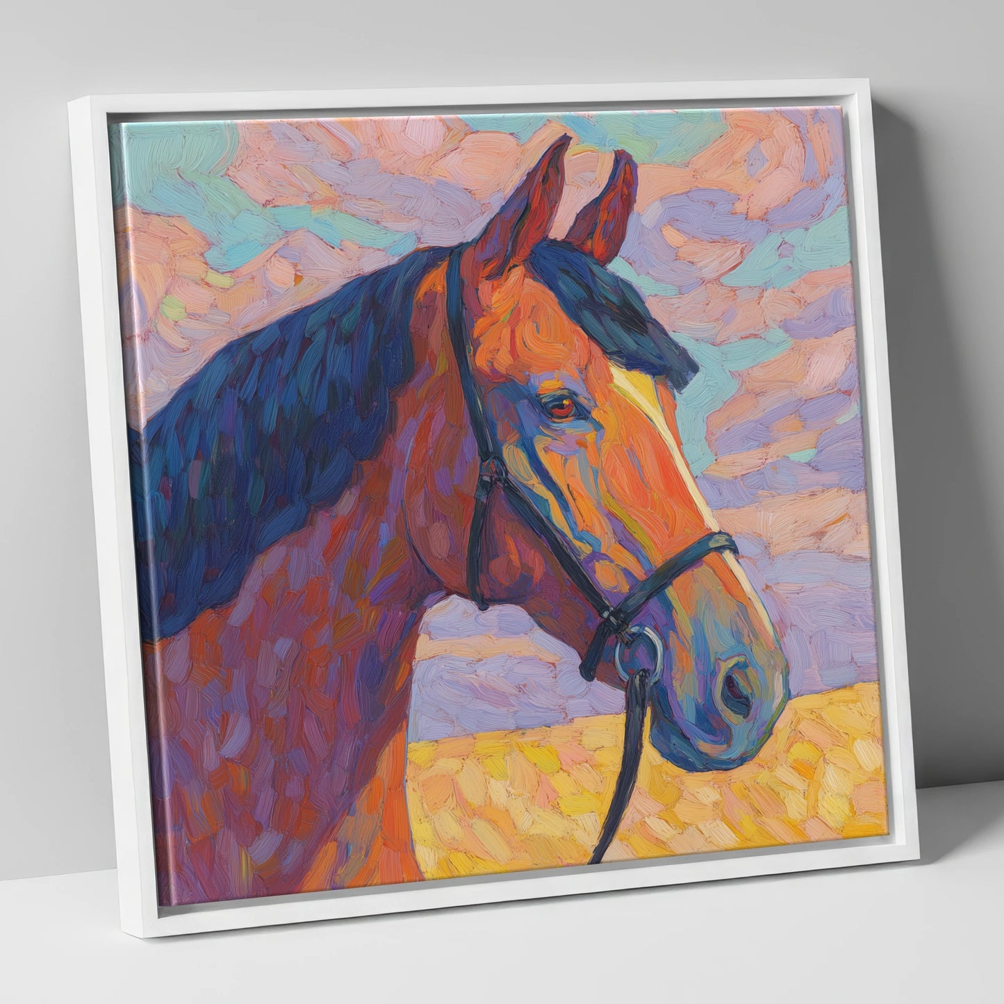 Painted Bay Profile horse portrait canvas wall art in white frame