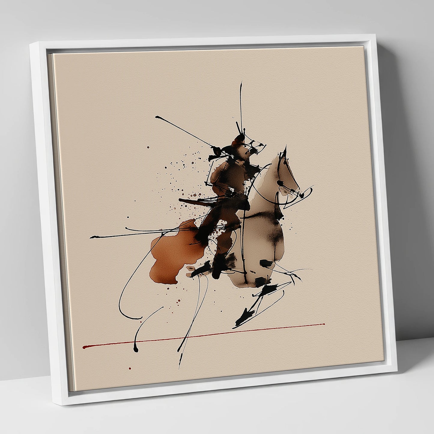 Abstract Momentum in Ink horse & rider canvas wall art in white frame