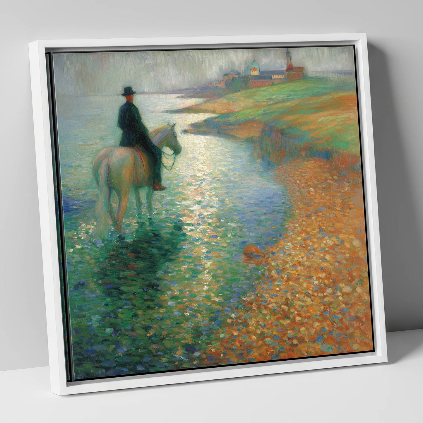 The Shimmering Shore beach horse canvas wall art in white frame