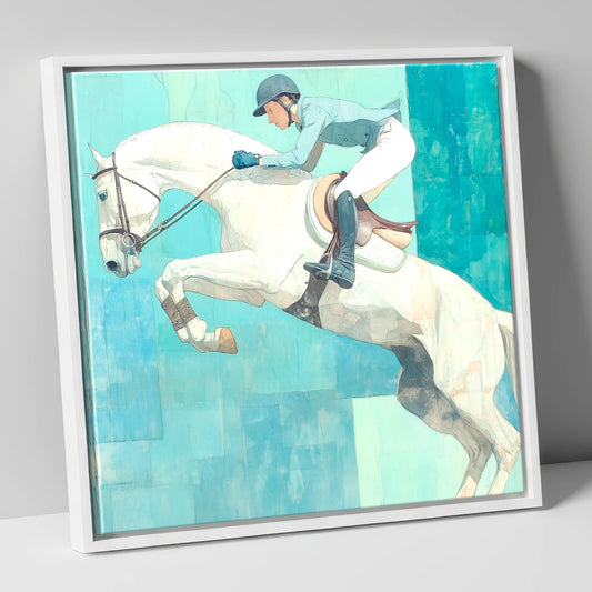 Airborne in Aquamarine show jumping horse canvas wall art in white frame