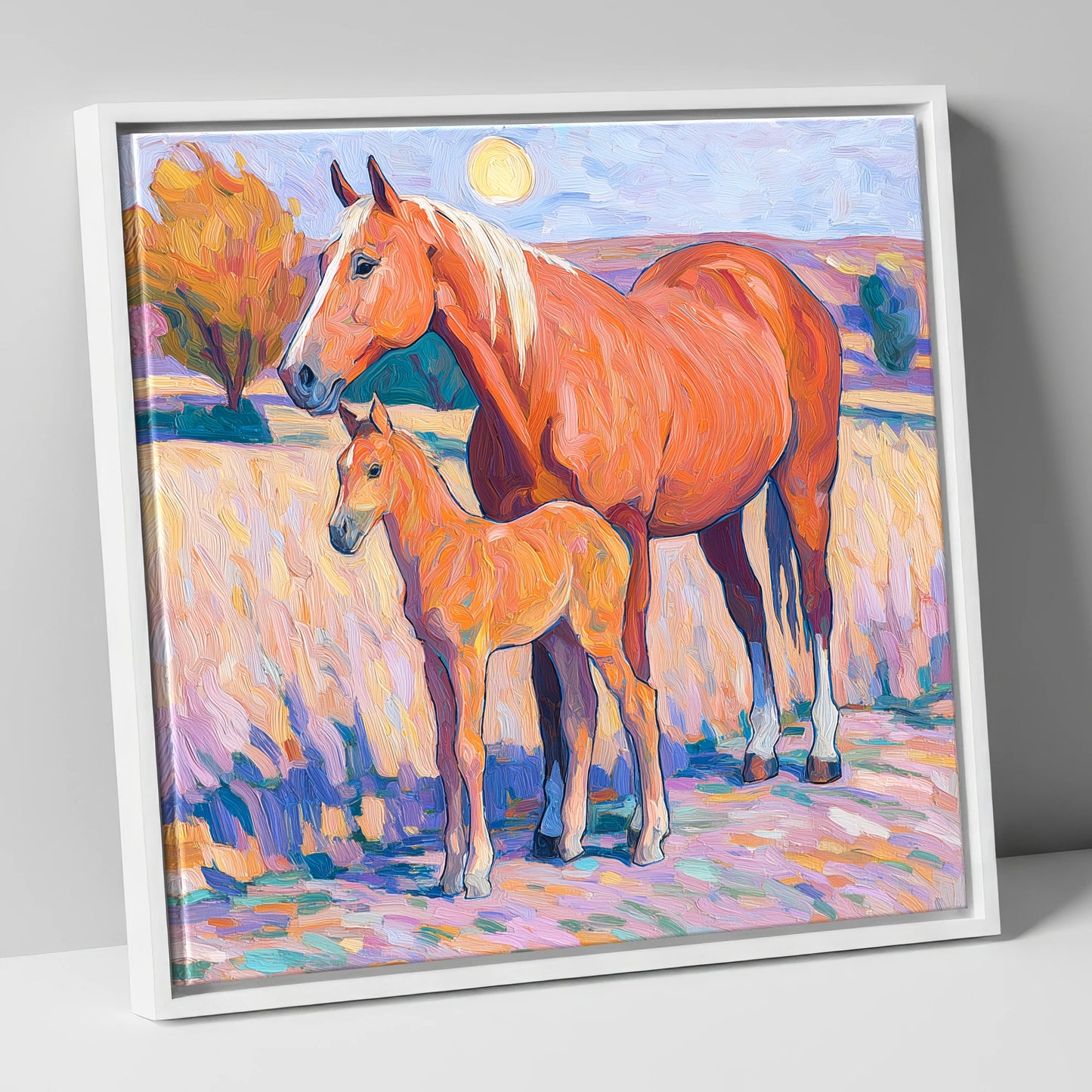 Radiant Chestnut Bond mare & foal canvas wall art in white frame