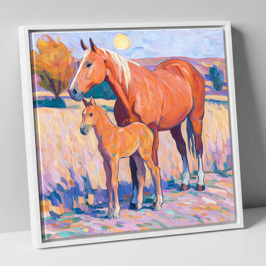 Radiant Chestnut Bond mare & foal canvas wall art in white frame