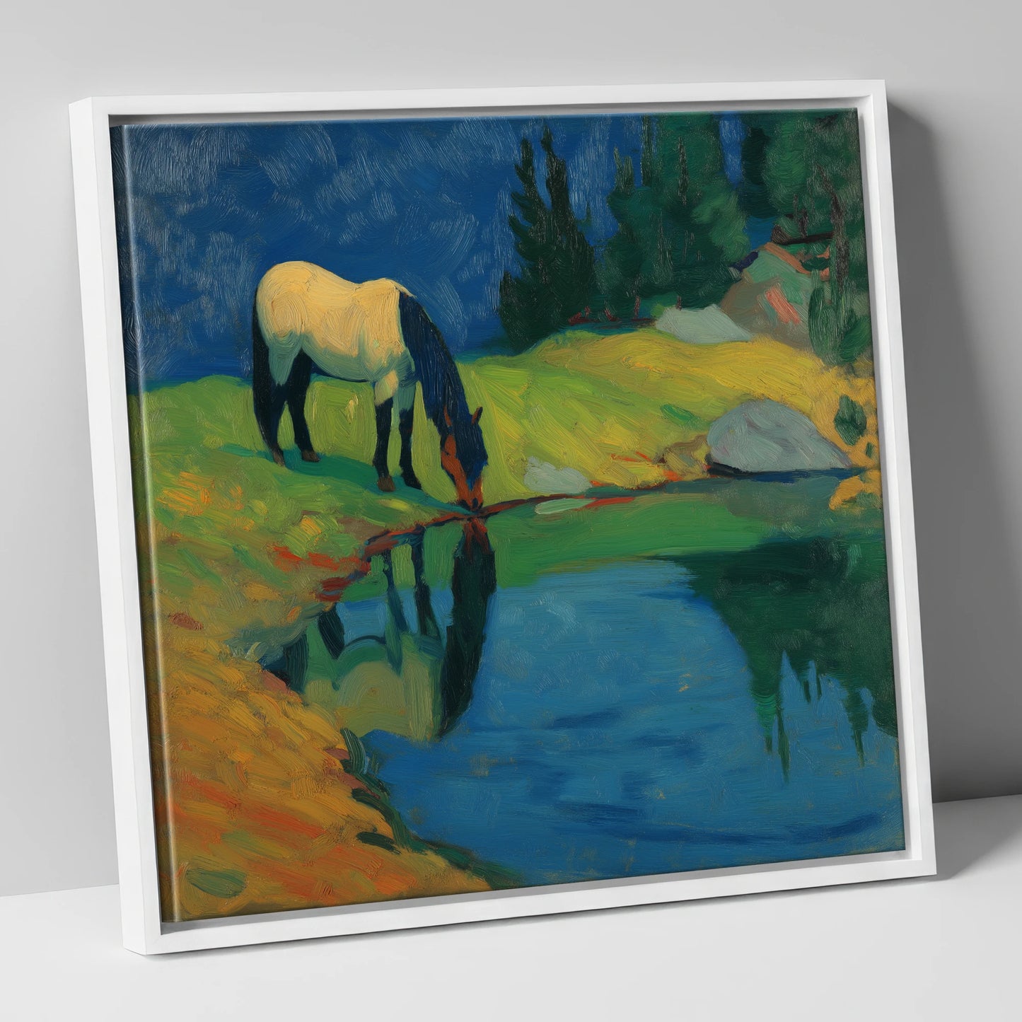 Sapphire Pool Reflections horse landscape canvas wall art in white frame