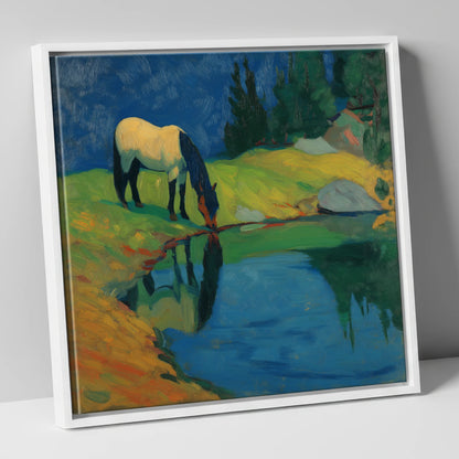 Sapphire Pool Reflections horse landscape canvas wall art in white frame