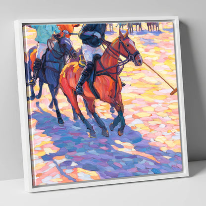 Sunset Chukka Shadows polo horse canvas wall art in white frame