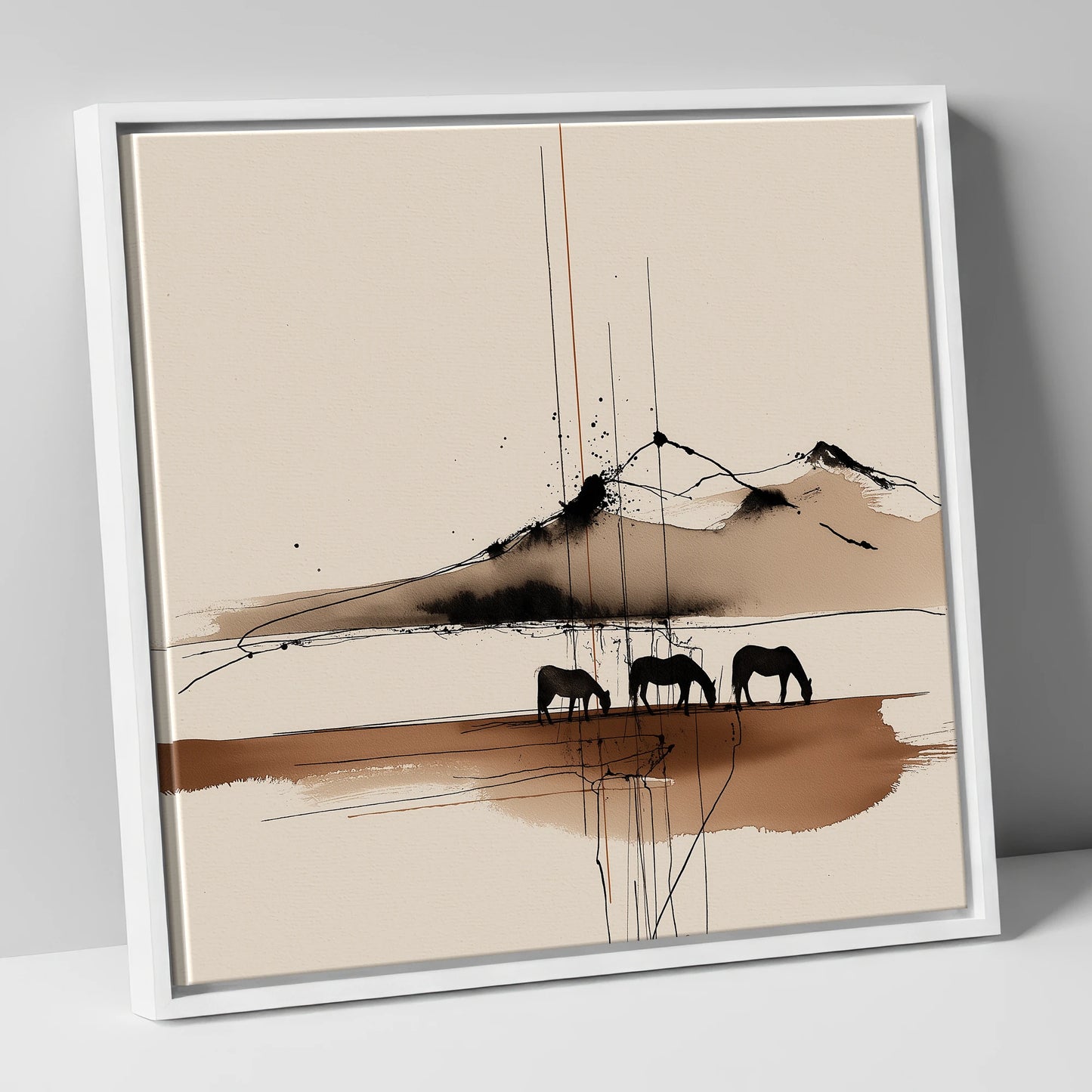 Serene Grazing Horizon horse landscape canvas wall art in white frame