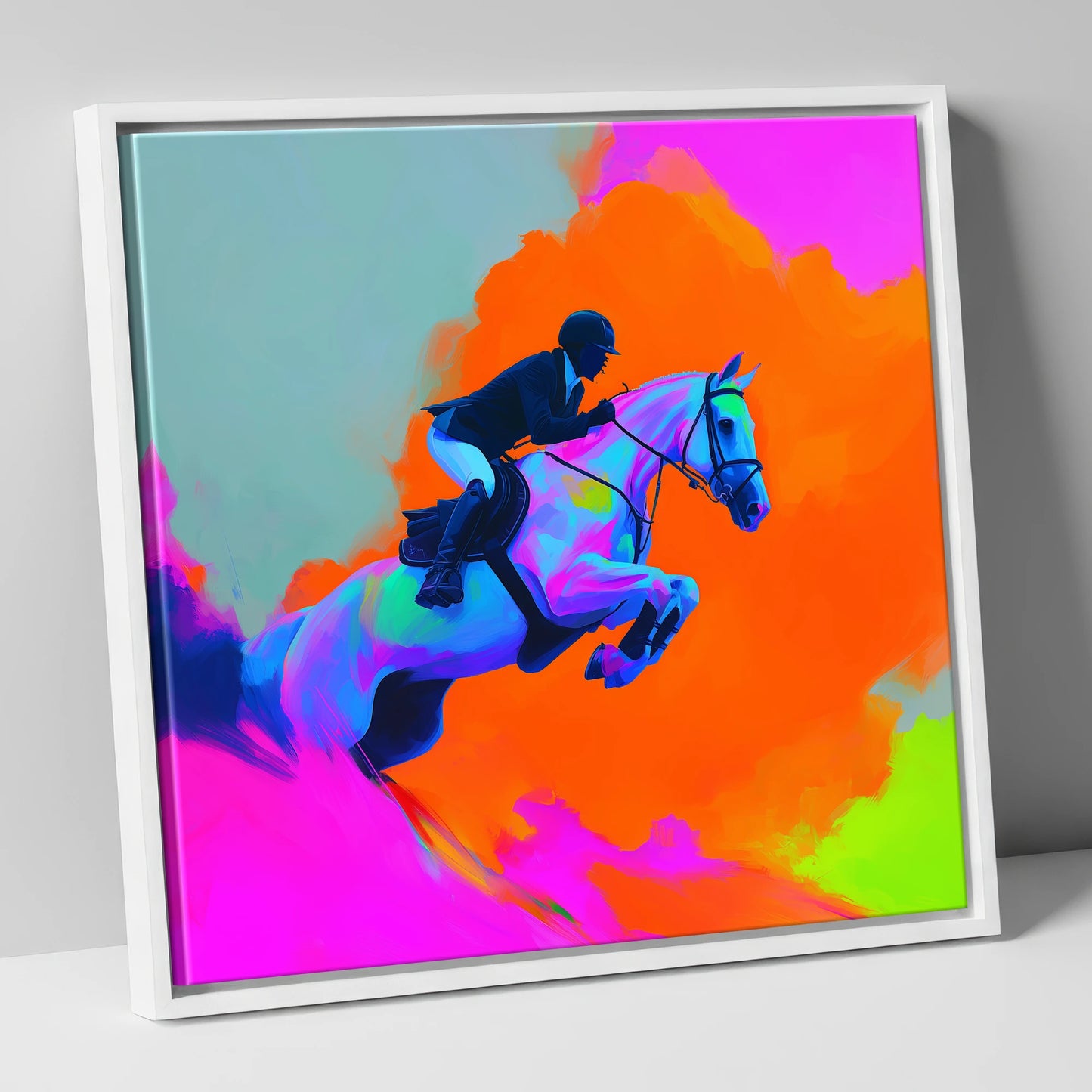 Vivid Showjumping Flight show jumping horse canvas wall art in white frame
