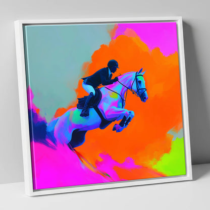 Vivid Showjumping Flight show jumping horse canvas wall art in white frame