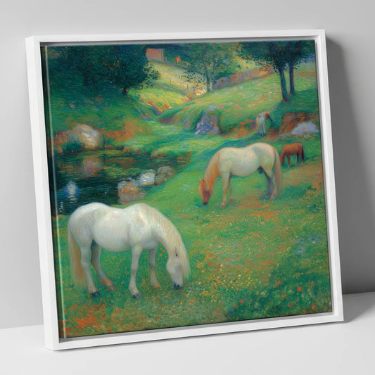 Emerald Valley Pasture horse landscape canvas wall art in white frame