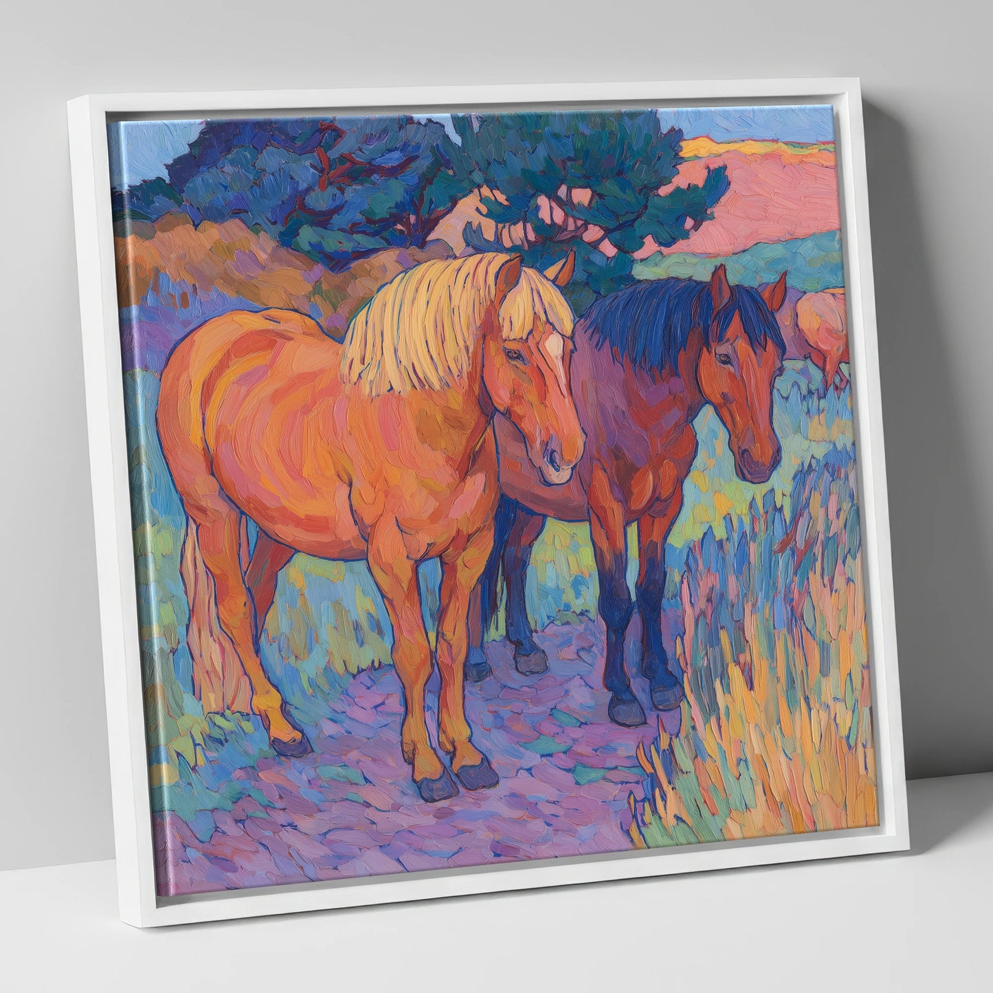 Sunset Pasture Companions horse landscape canvas wall art in white frame