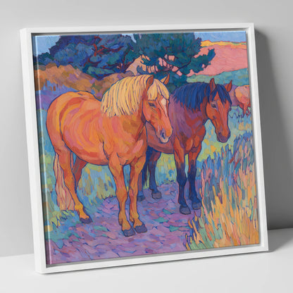 Sunset Pasture Companions horse landscape canvas wall art in white frame