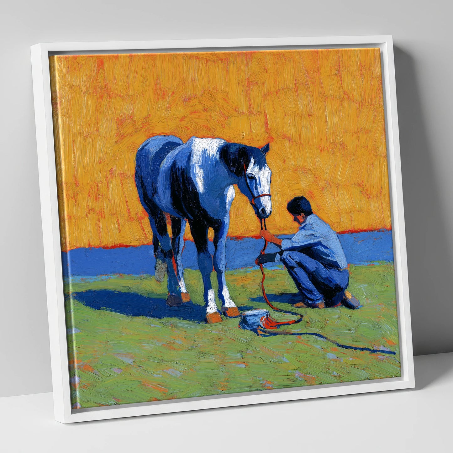 Sun-Drenched Connection horse & rider canvas wall art in white frame