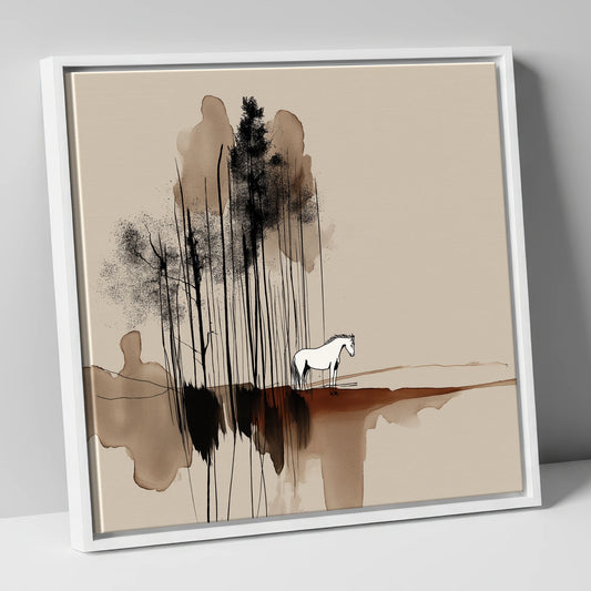 White Horse in Abstract Forest horse landscape canvas wall art in white frame