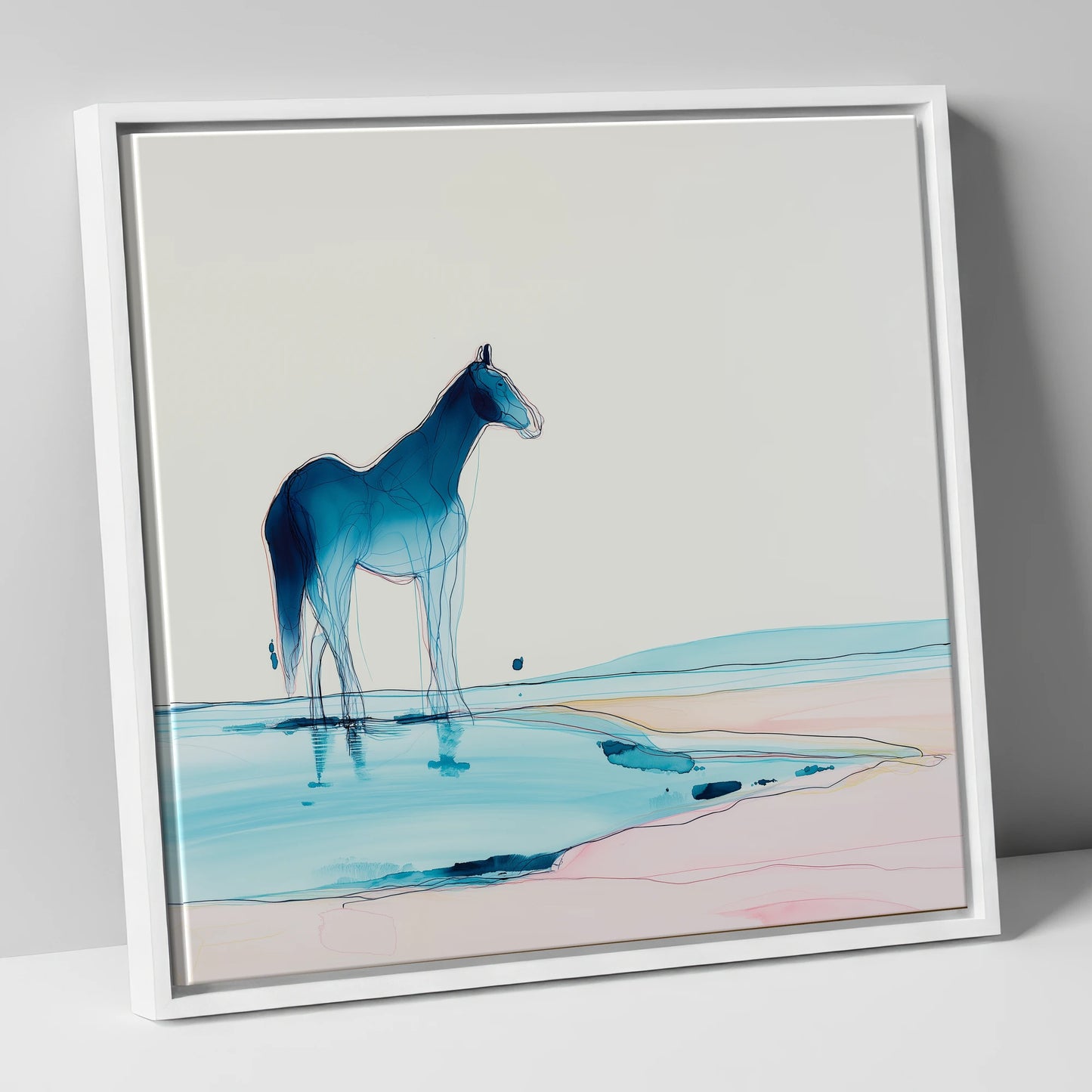Ethereal Azure Equine horse landscape canvas wall art in white frame