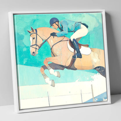 Aquamarine Flight show jumping horse canvas wall art in white frame