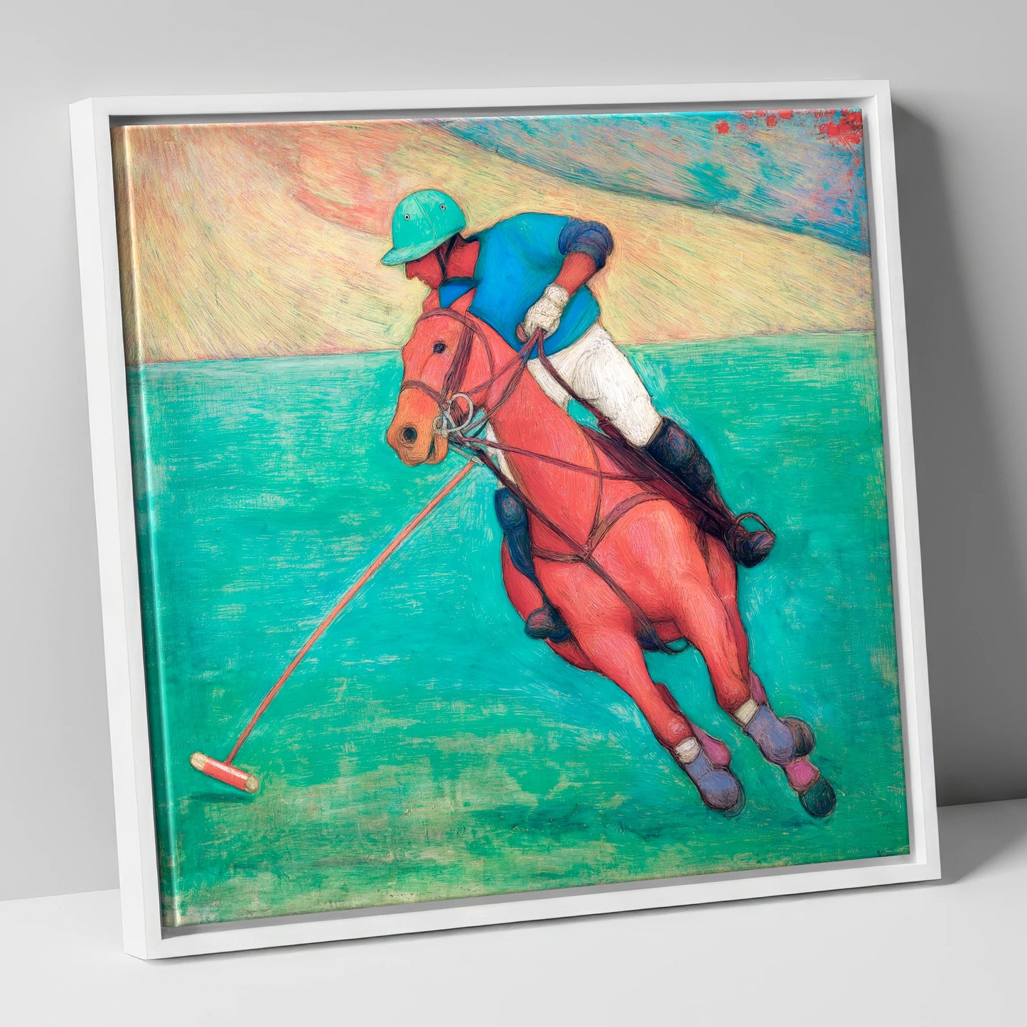The Crimson Chukka polo horse canvas wall art in white frame