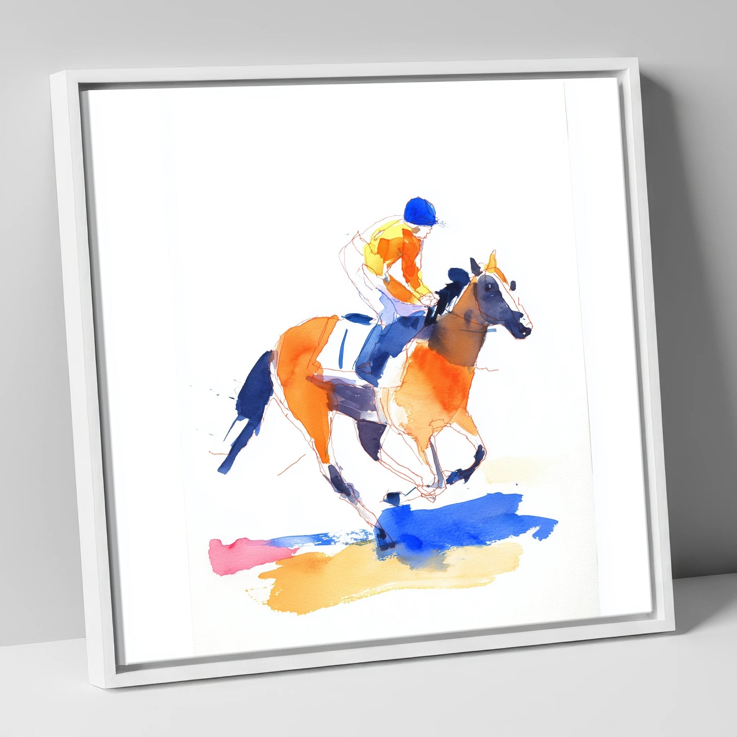 Vivid Gallop racing horse canvas wall art in white frame