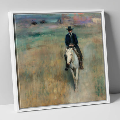 Solitary Trail Rider western horse canvas wall art in white frame