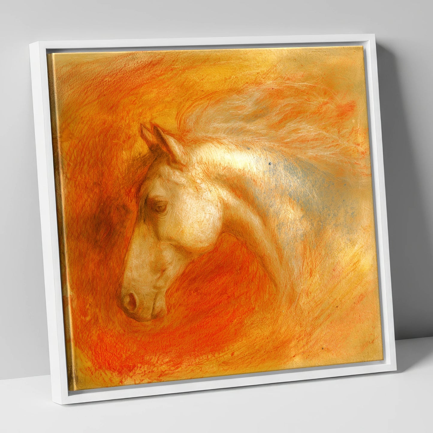 Radiant Terracotta Spirit horse portrait canvas wall art in white frame