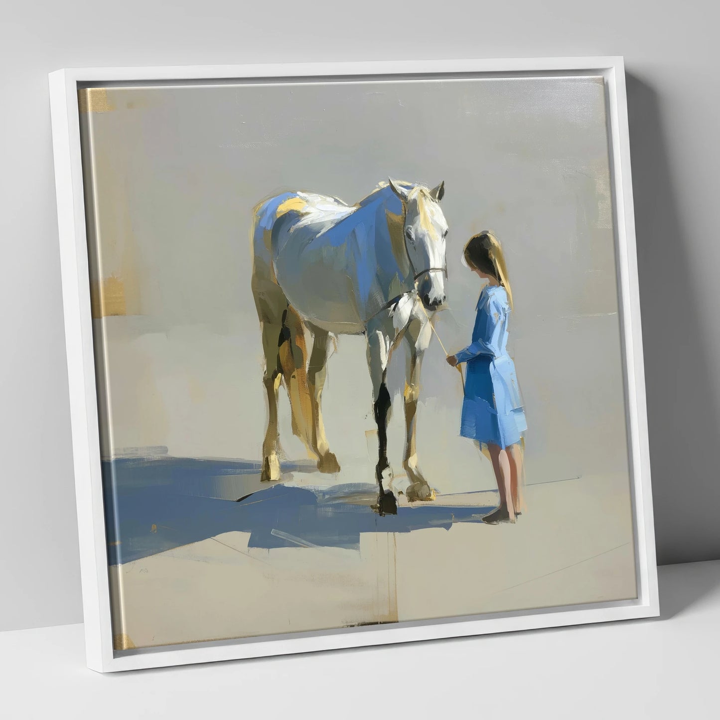 Sunlit Connection horse & rider canvas wall art in white frame