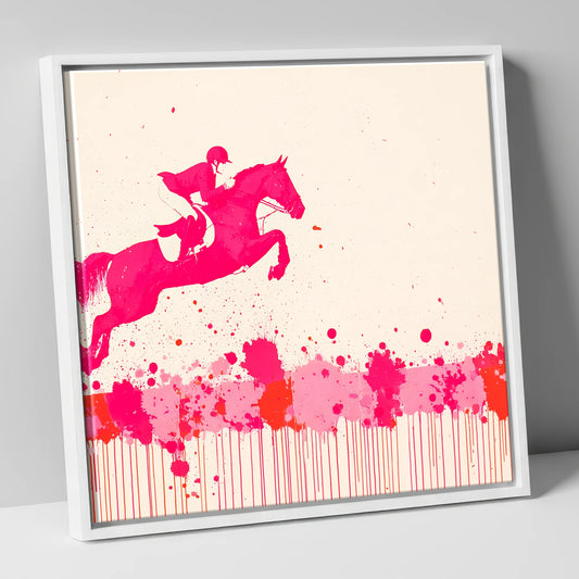 Magenta Flight show jumping horse canvas wall art in white frame